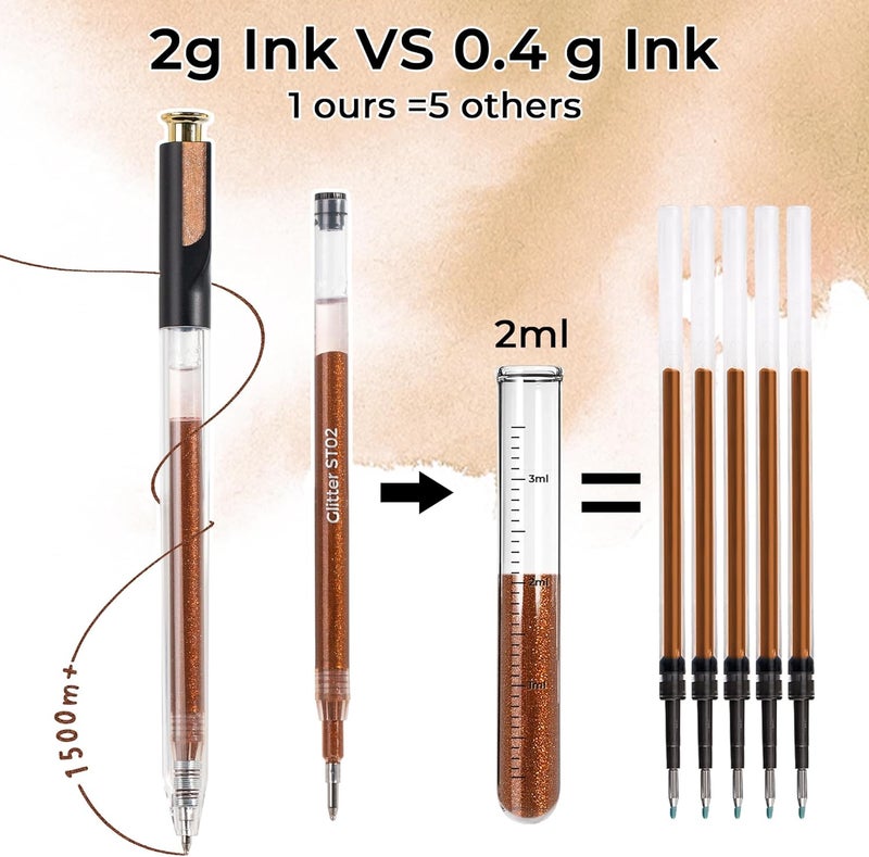 ZSCM Retractable Glitter Gel Pens, 12 Colors Large Capacity Skin Tone Glitter Metallic Gel Ink Pens, 1 mm Fine Point Smooth Writing Color Pens for Adult Coloring Book Note Taking Aesthetic Art Supplies - Image 3